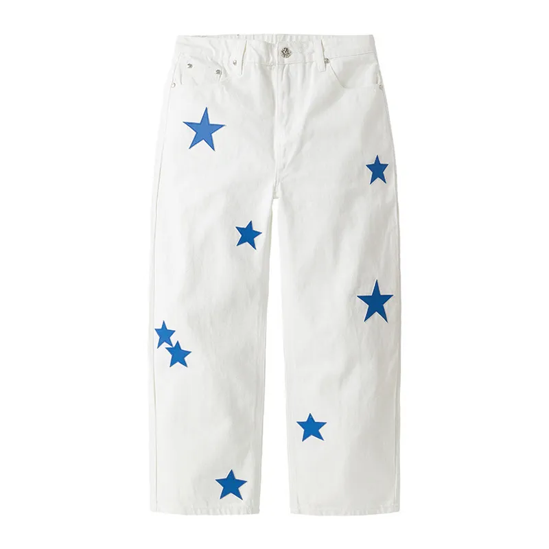P236 💰 (Top version) chrome hearts ss25 new Fontainebleau limited star 💫 patchwork leather jeans. Styles with different washed textures, very friendly to people with thin legs and thick legs. The slightly flared version is very flattering to the leg shape. Moderate length that never goes out of style, easy and casual to match, basic styling for various styles, a must-have in the wardrobe! The fabric is stiff but also makes the upper body soft without losing texture. The washing process is even more perfect. It is a must-have item for everyone! ! !   Color: white Size: 28-30-32-34-36 30 32 34 36 Waist circumference 80 85 90 95 Sitting circumference 105 110 115 120 Feet 46 47 48 49 External length 102 103 104 105